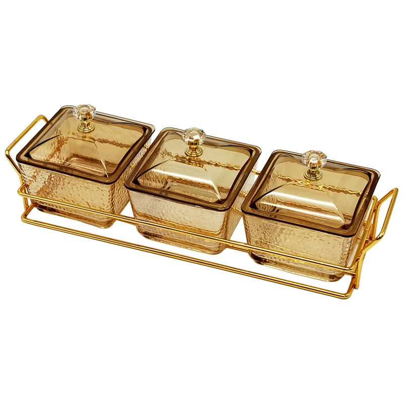 Service 3 bols en verre avec couvercle support metal en or 28x10 Cm
