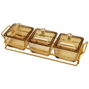 Service 3 bols en verre avec couvercle support metal en or 28x10 Cm