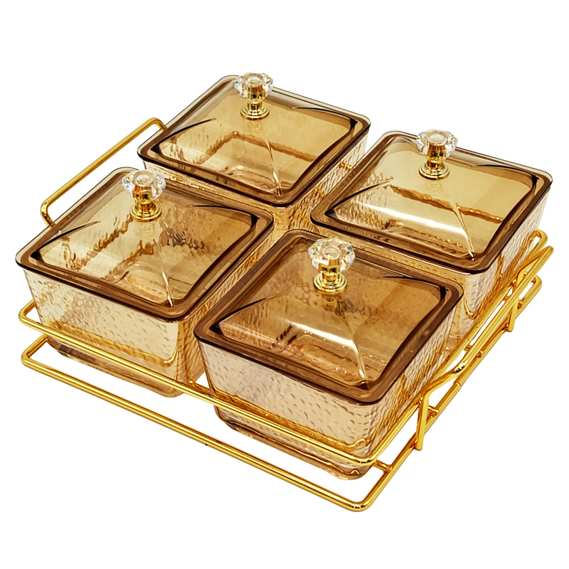 Service 4 bols en verre avec couvercle support metal en or 19x19 Cm