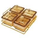 Service 4 bols en verre avec couvercle support metal en or 19x19 Cm