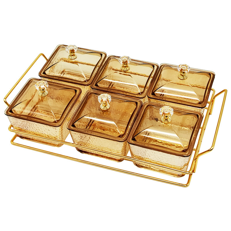 Service 6 bols en verre avec couvercle support metal en or 28x18,5 Cm