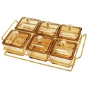 Service 6 bols en verre avec couvercle support metal en or 28x18,5 Cm