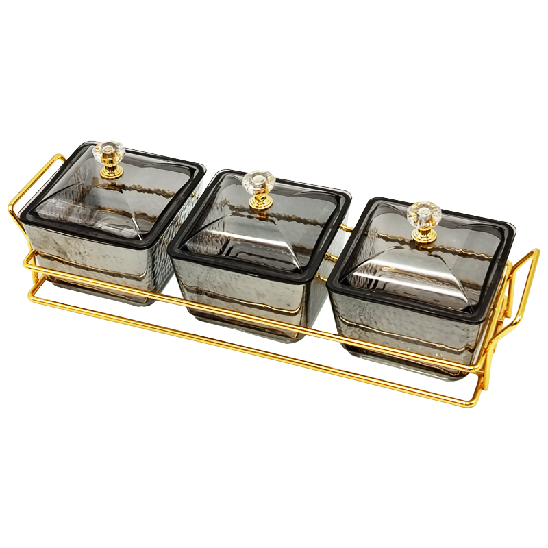 Service 3 bols en verre avec couvercle support metal en or 28x10 Cm