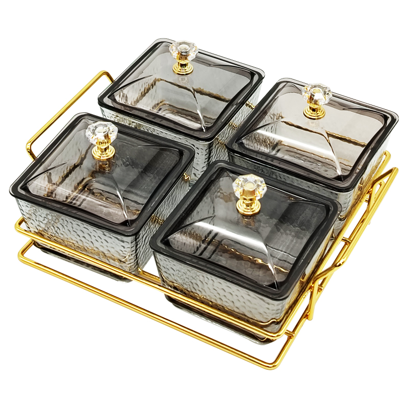 Service 4 bols en verre avec couvercle support metal en or 19x19 Cm