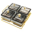 Service 4 bols en verre avec couvercle support metal en or 19x19 Cm