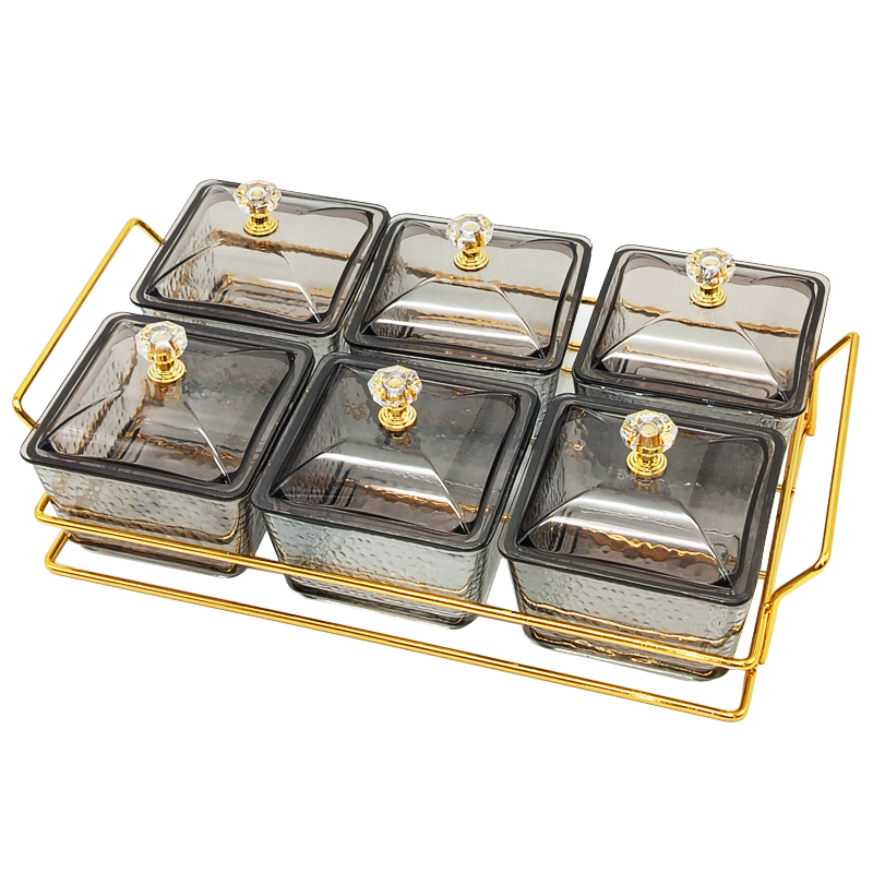 Service 6 bols en verre avec couvercle support metal en or 28x18,5 Cm