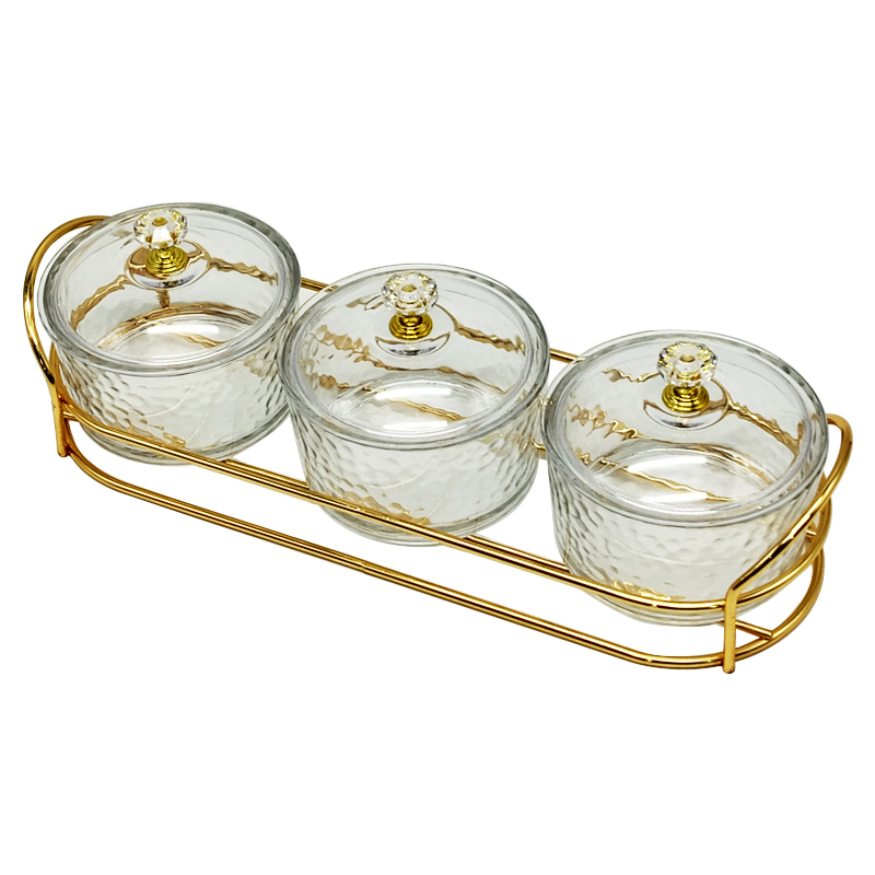 Service 3 bols en verre avec couvercle support metal en or 28x10 Cm