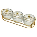 Service 3 bols en verre avec couvercle support metal en or 28x10 Cm