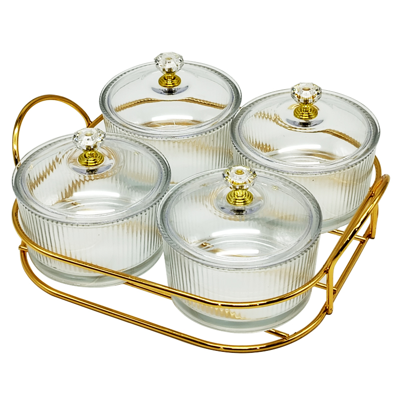 Service 4 bols en verre avec couvercle support metal en or 19x19 Cm