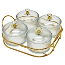 Service 4 bols en verre avec couvercle support metal en or 19x19 Cm