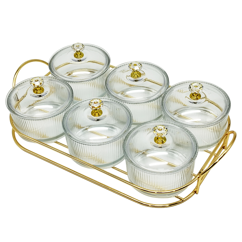 Service 6 bols en verre avec couvercle support metal en or 28x18,5 Cm