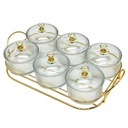 Service 6 bols en verre avec couvercle support metal en or 28x18,5 Cm