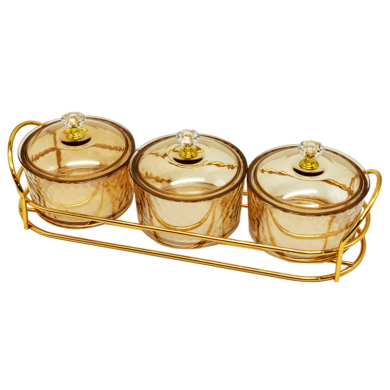 Service 3 bols en verre avec couvercle support metal en or 28x10 Cm