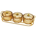 Service 3 bols en verre avec couvercle support metal en or 28x10 Cm