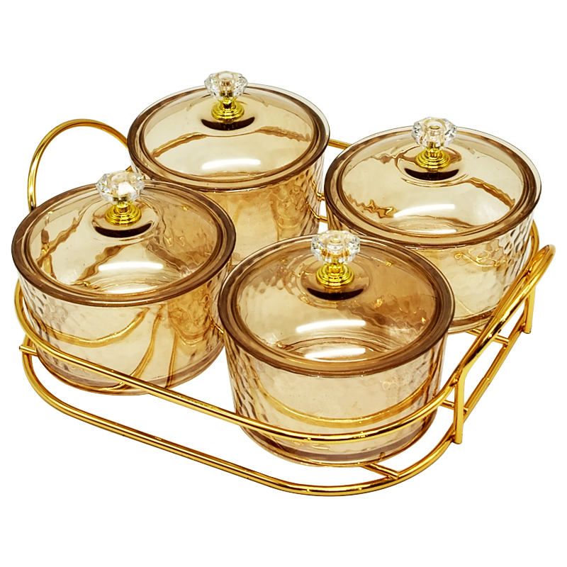 Service 4 bols en verre avec couvercle support metal en or 19x19 Cm