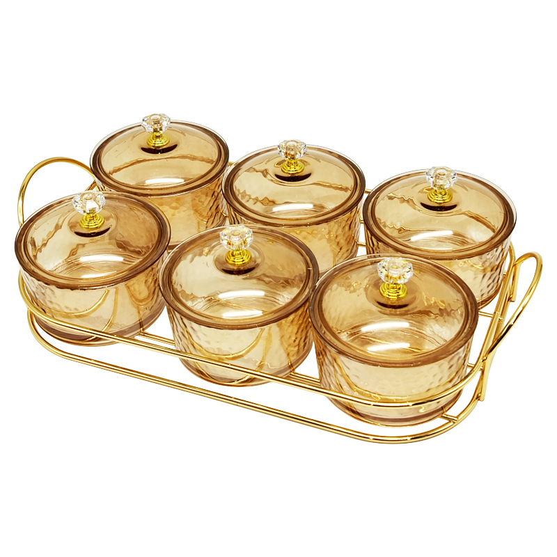 Service 6 bols en verre avec couvercle support metal en or 28x18,5 Cm