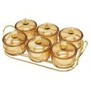 Service 6 bols en verre avec couvercle support metal en or 28x18,5 Cm