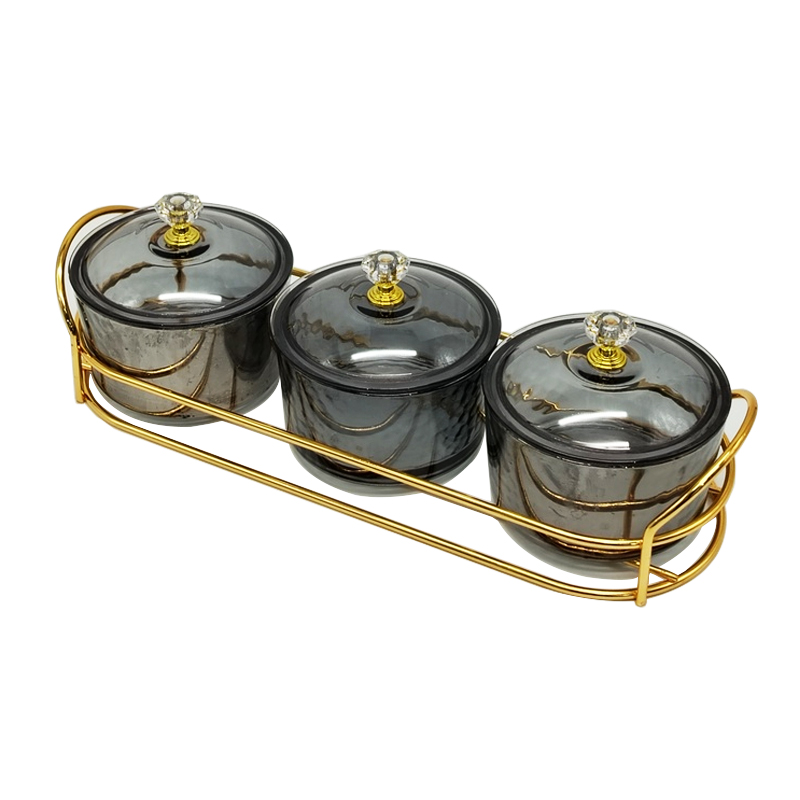 Service 3 bols en verre avec couvercle support metal en or 28x10 Cm