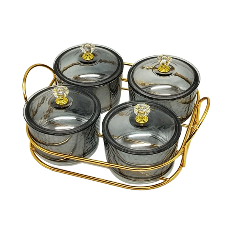 Service 4 bols en verre avec couvercle support metal en or 19x19 Cm