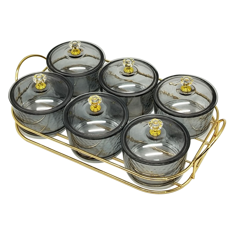 Service 6 bols en verre avec couvercle support metal en or 28x18,5 Cm