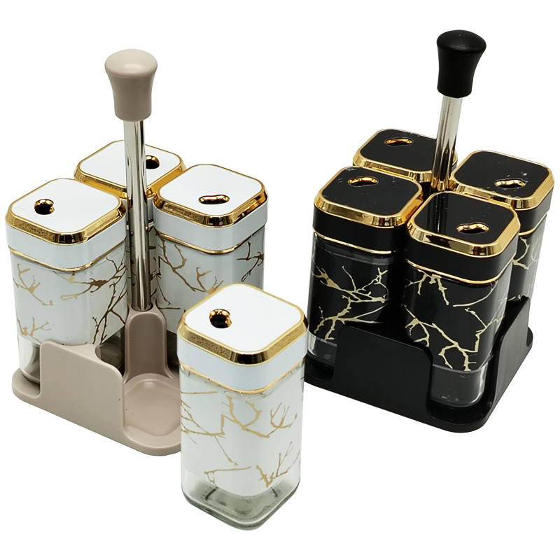 SET POTS A EPICES 4 PIECES + SUPPORT 18X10 CM COULEUR MIX NOIR / BLANC