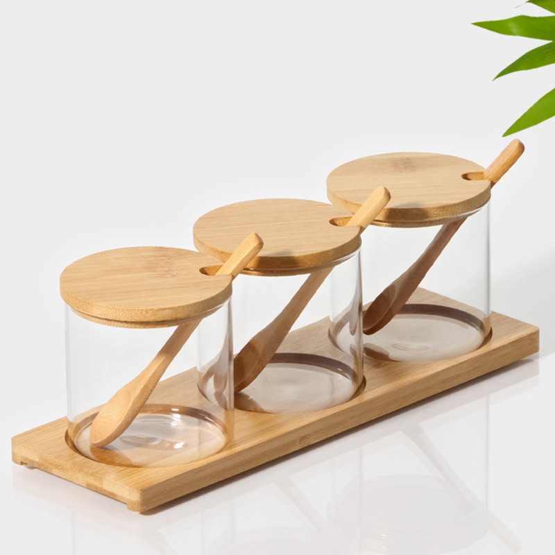 SET 3 POTS EPICES AVEC CUILLERES BOIS + SUPPORT BOIS 28.5X9.5 CM / 8X8.5 CM