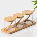 SET 3 POTS EPICES AVEC CUILLERES BOIS + SUPPORT BOIS 28.5X9.5 CM / 8X8.5 CM
