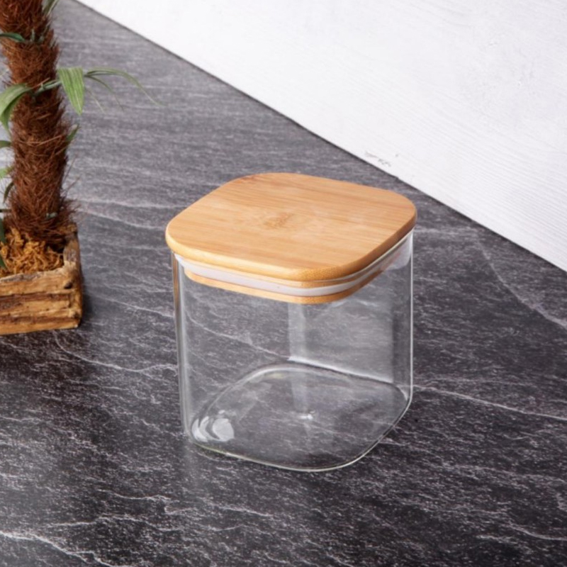 POT VERRE  CARRE BOROSILICATE 6X8 CM COUVERCLE BAMBOO