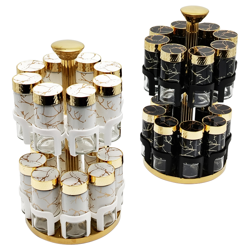 SET 16 POT EPICE VERRE AVEC SUPPORT 32X16 CM COULEURS MIX NOIR / BLANC