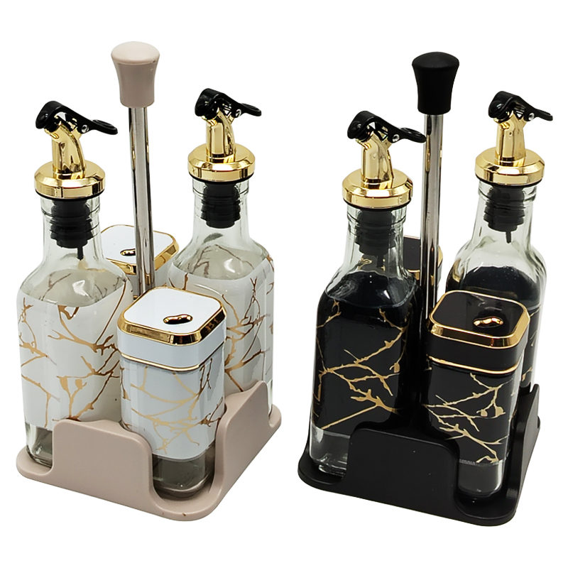 SET 4 PIECES : 2 POTS EPICES + 2 BOUTEILLES HUILE AVEC SUPPORT 24X11 CM MIX COULEURS NOIR / BLANC