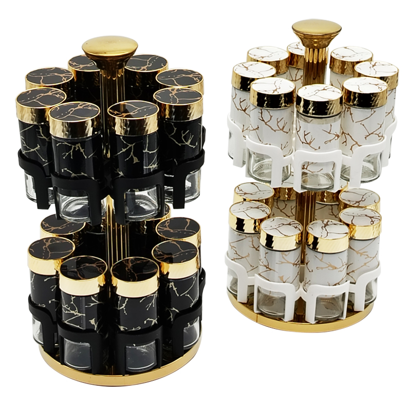 SET 16 POT EPICE VERRE AVEC SUPPORT 32X16 CM COULEURS MIX NOIR / BLANC