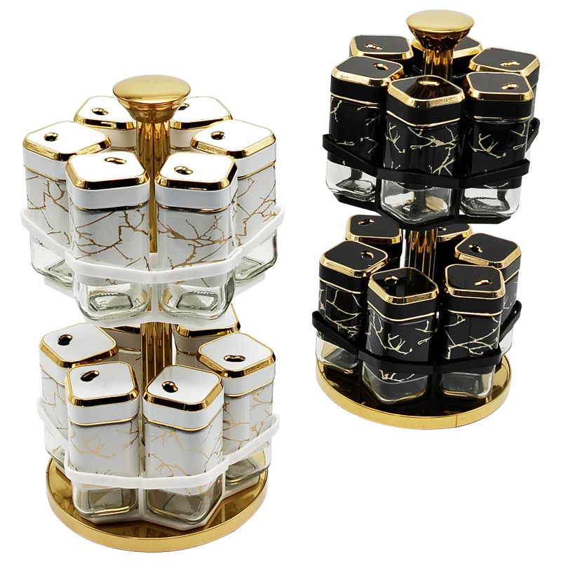 SET 12 POT EPICE VERRE AVEC SUPPORT 32X16 CM COULEURS MIX NOIR / BLANC