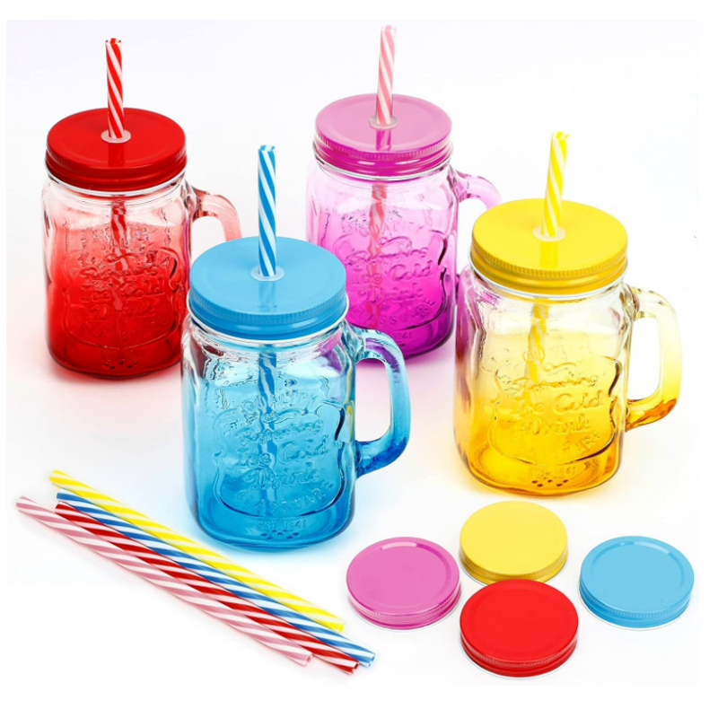 Verre avec couvercle + paille couvercle en métal 500 ML couleurs mix Bleu / Rouge / Vert / Jaune