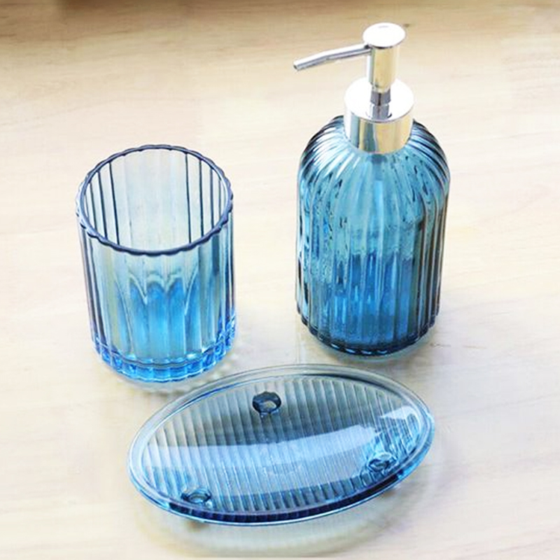 Set salle de bain 3 pièces en verre couleur bleu
