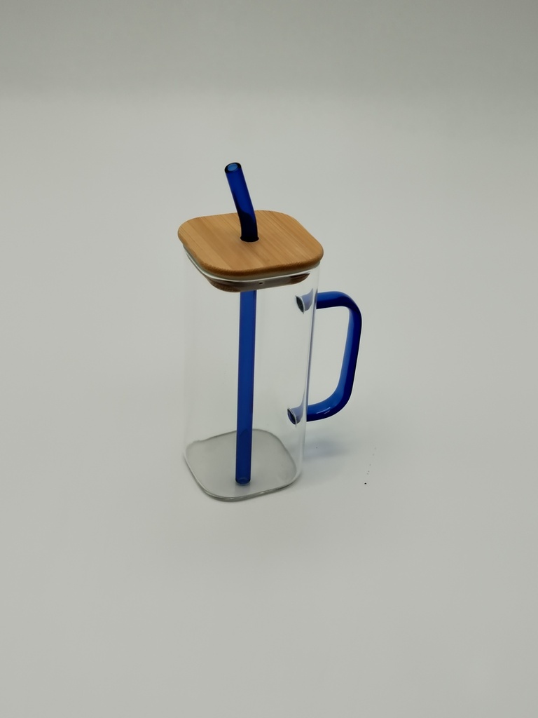 Tasse en verre borosilicate avec poignée, paille en verre, couvercle bamboo 14x6 cm
