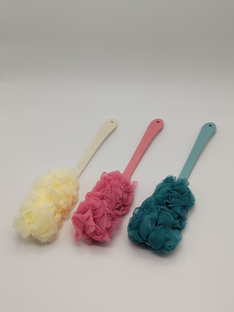 Eponge de bain avec manche en plastique 42x3 cm couleur mix Rose - Bleu - Blanc