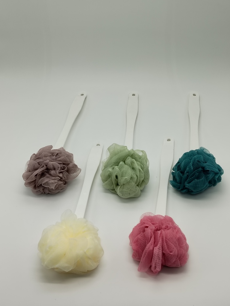 Eponge de bain avec manche en plastique 40x3 cm couleur mix Rose - Vert - Bleu - Violet - Blanc