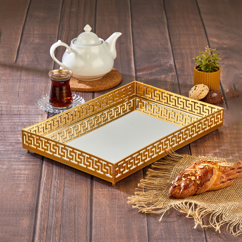 PLATEAU DECO PLASTIQUE ET MIRROIR 32X20 CM MODELE OR