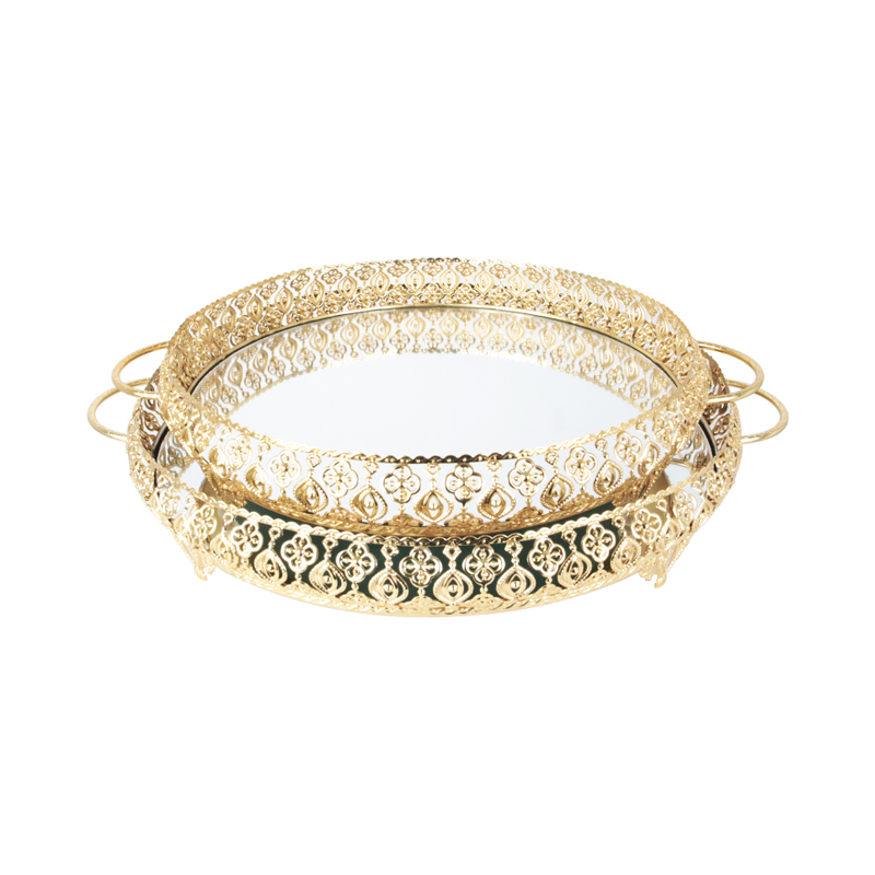 SET 2 PLATEAUX DECO METAL ROND 30 &amp; 35 CM MODELE OR