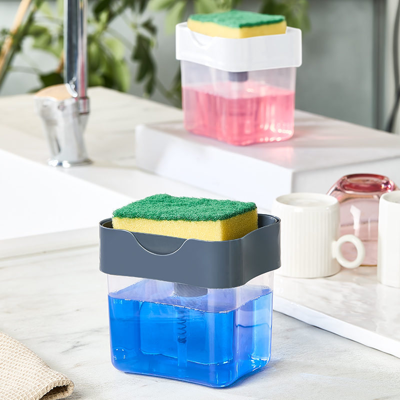 BOITE LIQUIDE VAISSELLE PRATIQUE AVEC EPONGE - 11 X 9 X 11 CM MIX ROSE/BLANC/GRIS