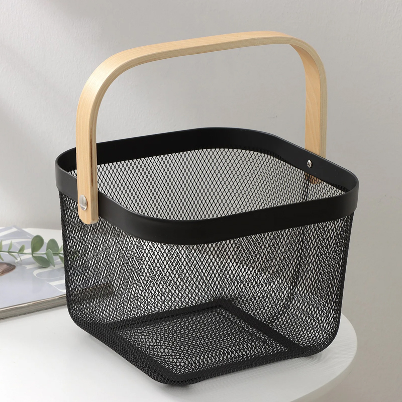 Panier de rangement métal avec poignée bois 24x24x18 cm Mix couleur blanc / noir / bleu