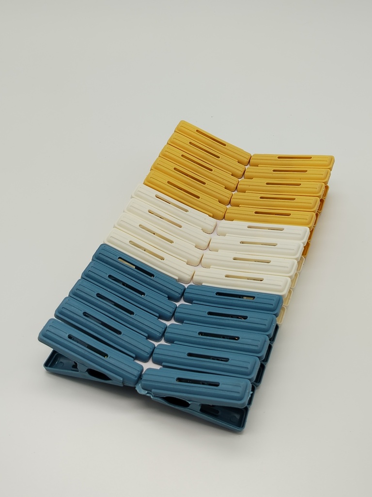 Pince à linge 28 pièces plastique couleurs bleu / blanc / jaune