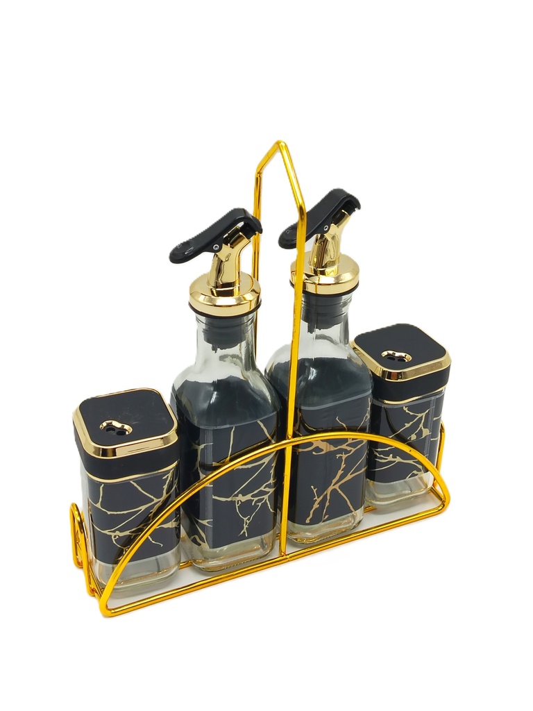 SET 2 POT EPICES + 2 BOUTEILLE HUILE AVEC SUPPORT METAL OR 24X21 CM COULEUR NOIR MARBRE