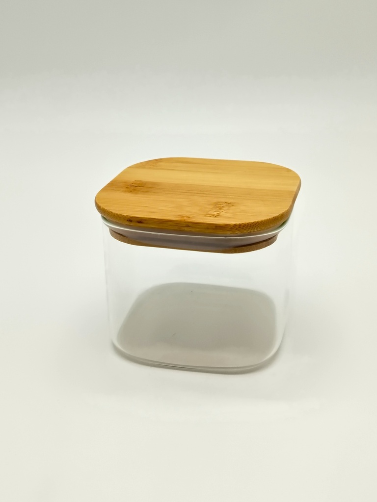 Pot en verre  Borosilicate + couvercle carré bamboo 10 x 8 cm