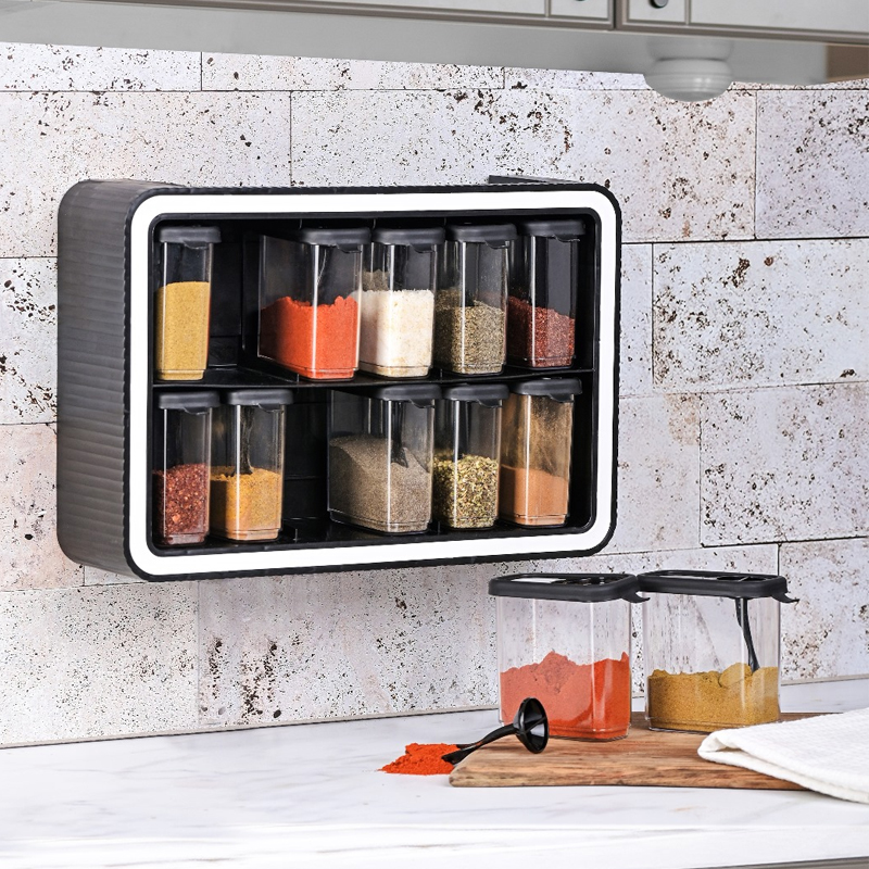 SET 12 PIECES RANGE EPICES AVEC SUPPORT COULEURS GRIS / NOIR