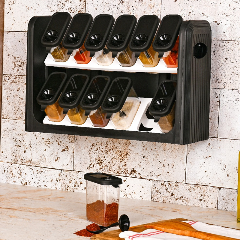 SET 12 PIECES RANGE EPICES AVEC SUPPORT COULEURS NOIR