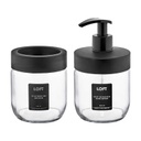 SET 2 PIECES DISTRIBUTEUR SAVON + PORTE BROSSES A DENT EN VERRE MIX BLANC / NOIR