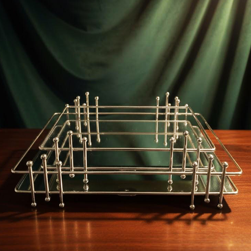 SET 2 PLATEAUX DECO METAL 17X28 + 22X33 CM MODELE ARGENT
