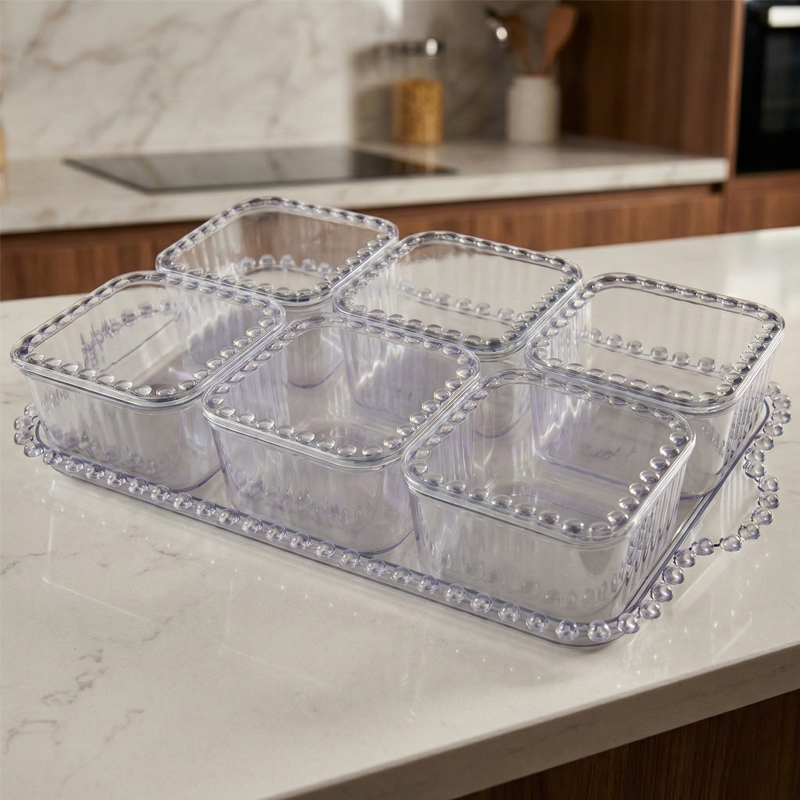 SET PETIT DEJEUNER 6 PIECES PLASTIQUE TRANSPARENT 33X20X6 CM