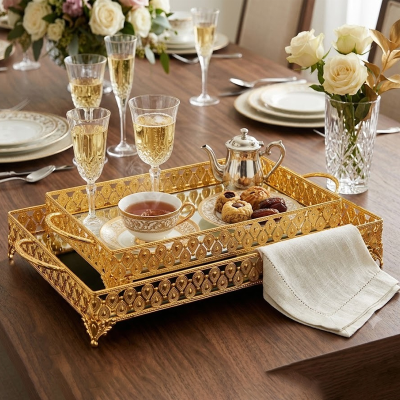 SET 2 PLATEAUX DECO METAL RECTANGULAIRE 37*25 &amp; 43*32 CM MODELE OR